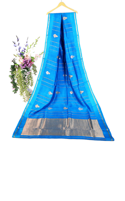 Pure Mulberry Silk Light Blue mashru weave kadhuan boota gold zari saree - Image 3