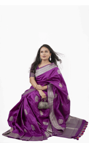 Pure Katan Silk Purple Saree with Silver Zari Kadhuan Boota