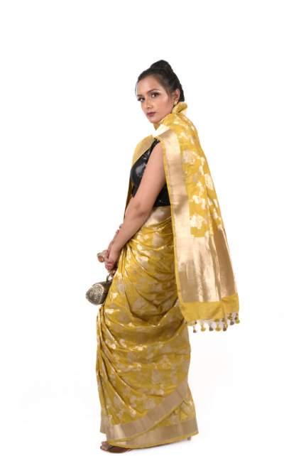 Yellow Pure Katan Silk handloom Banarasi Saree - Image 2