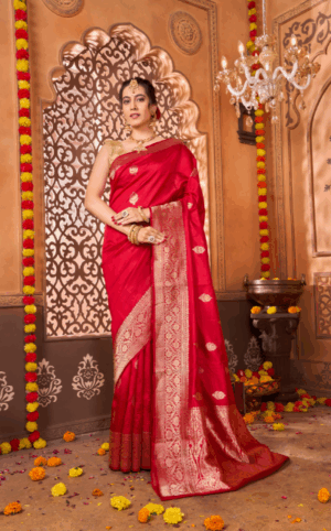 Pure Katan Silk Vibrant Red mashru weave Banarasi Saree
