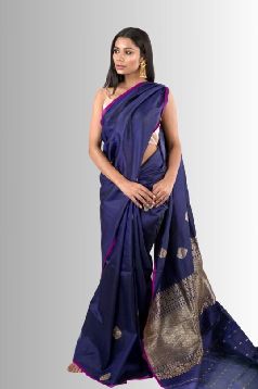 Lavender Blue Katan Silk Saree with Contrast Hot Pink Edge and Antique Gold Zari Kadhuan Boota