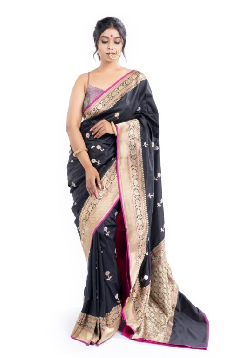 Pure Katan Silk Black and Hot Pink Banarasi Saree