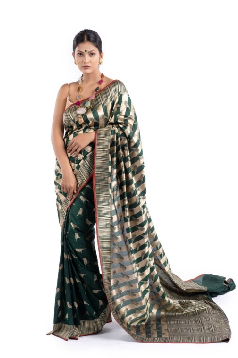 Pure Katan Silk Bottle Green Shikargah Banarasi Saree