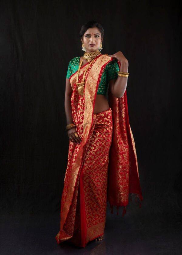 Soft Silk Red Saree with Bright Gold Banarasi Saree