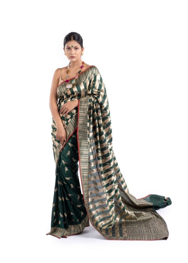 Pure Katan Silk Bottle Green Shikargah Banarasi Saree