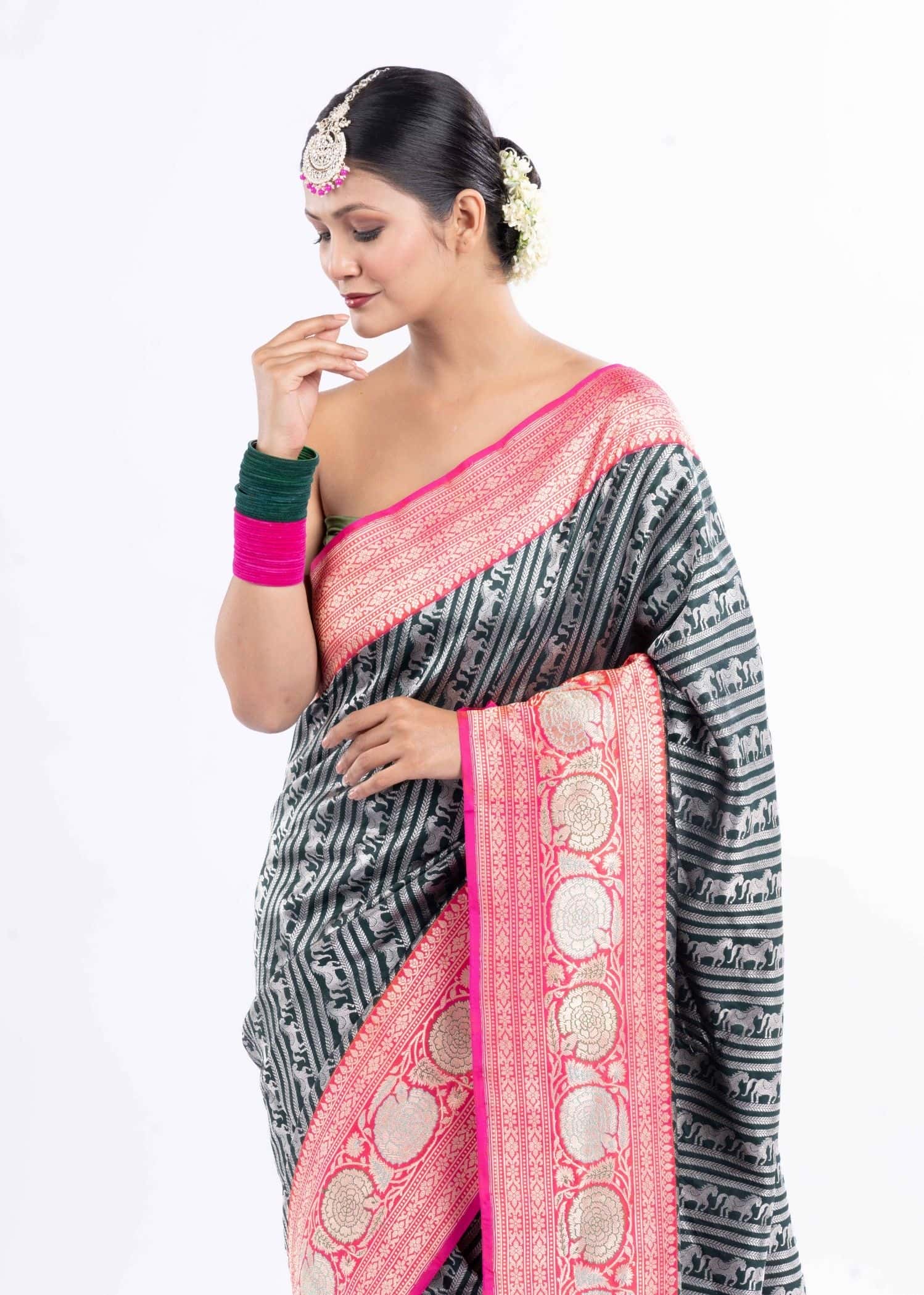 Pure Katan Silk Dark Green & Pink Colour Shikargah Banarasi Saree - Image 2