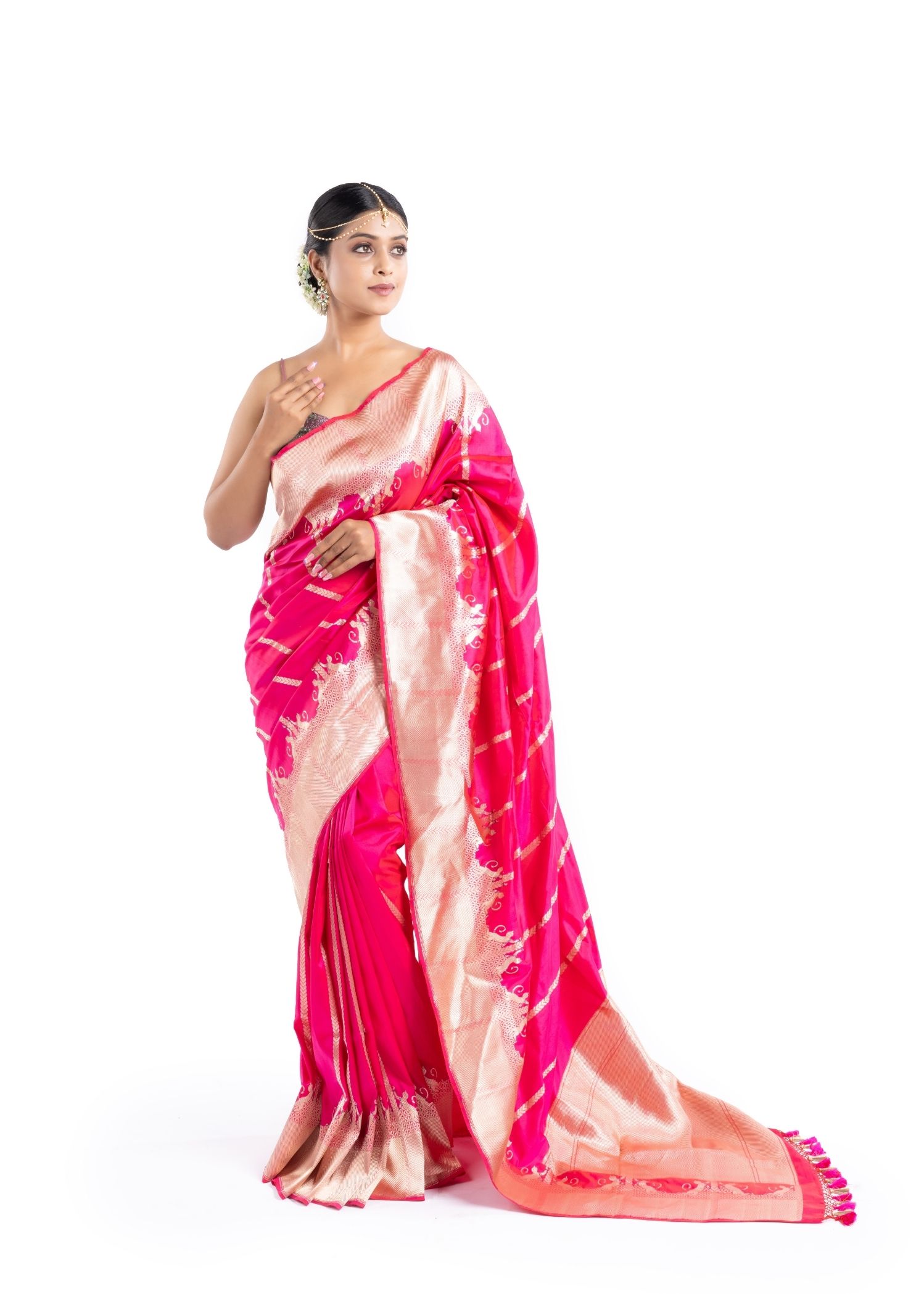 Pure Katan Silk Fuchia Pink Shikargah Banarasi Saree