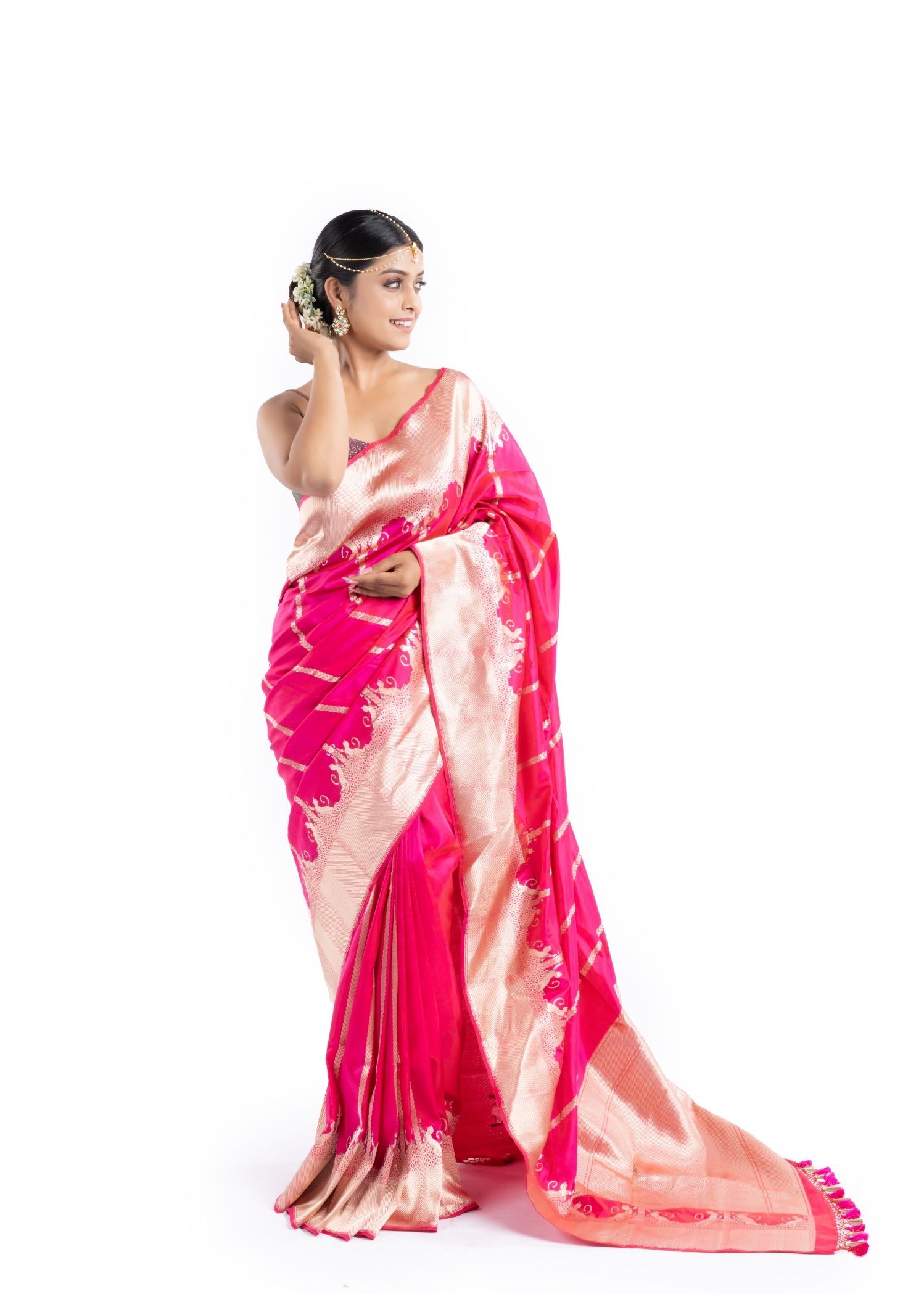 Pure Katan Silk Fuchia Pink Shikargah Banarasi Saree - Image 2