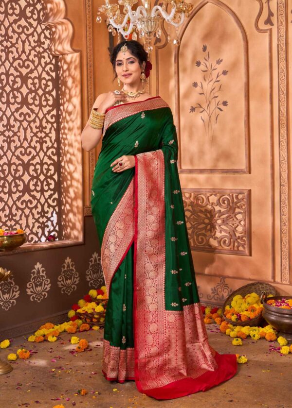 Pure Katan Silk Green and Red Kadhua Booti Saree