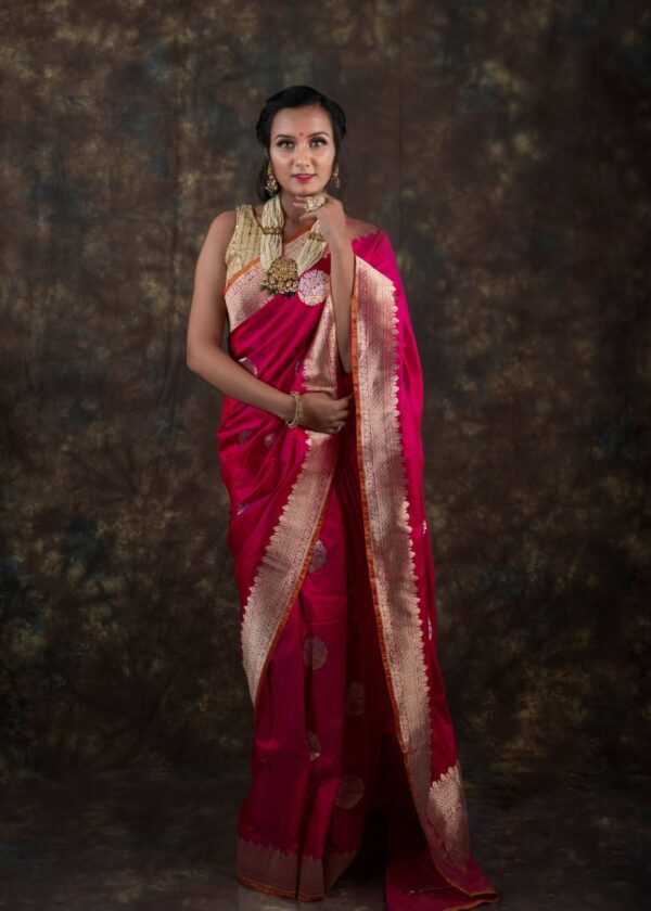 Dark Pink Yellow Dual Tone Pure Katan Silk Banarasi Saree