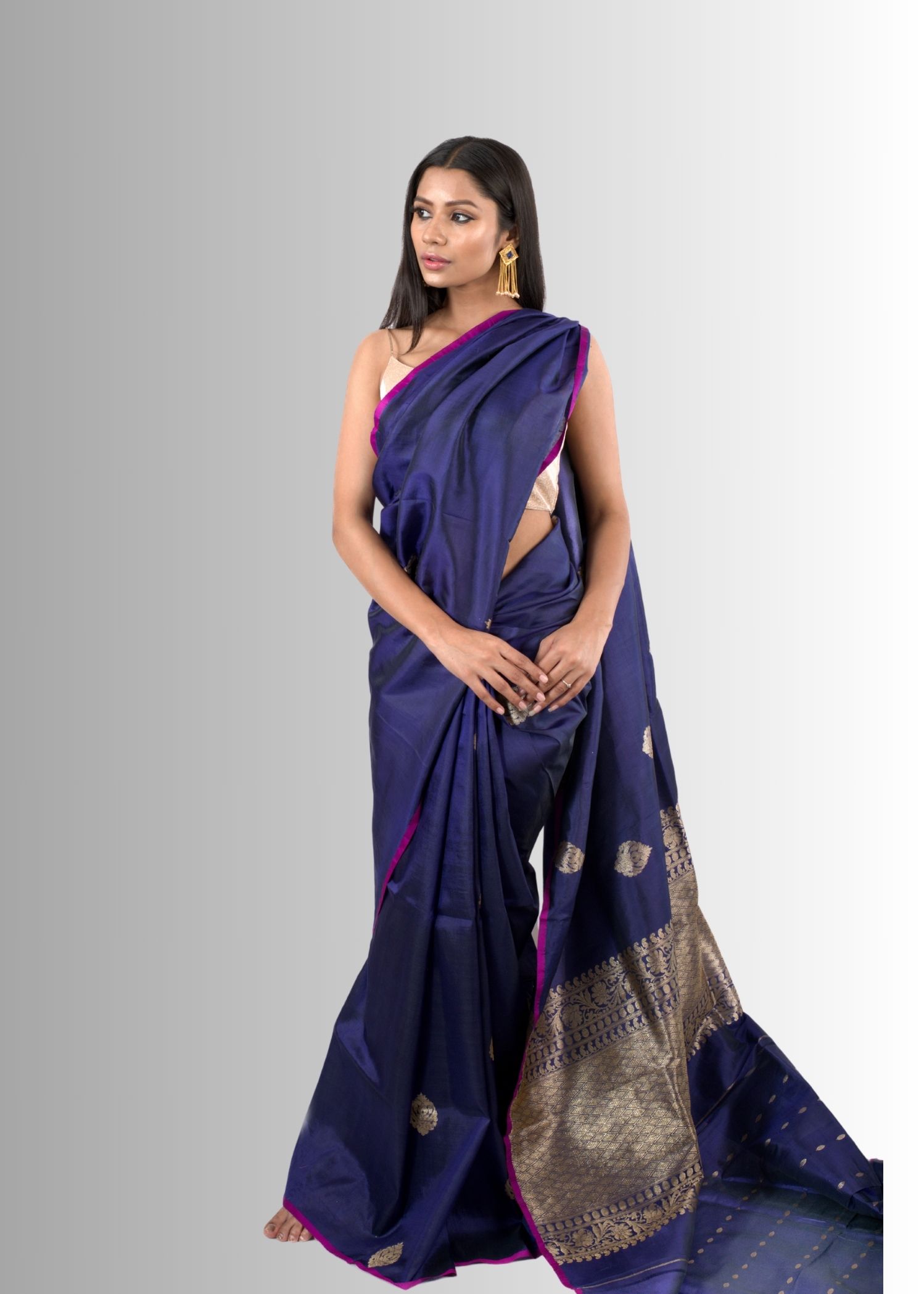 Lavender Blue Katan Silk Saree with Contrast Hot Pink Edge and Antique Gold Zari Kadhuan Boota