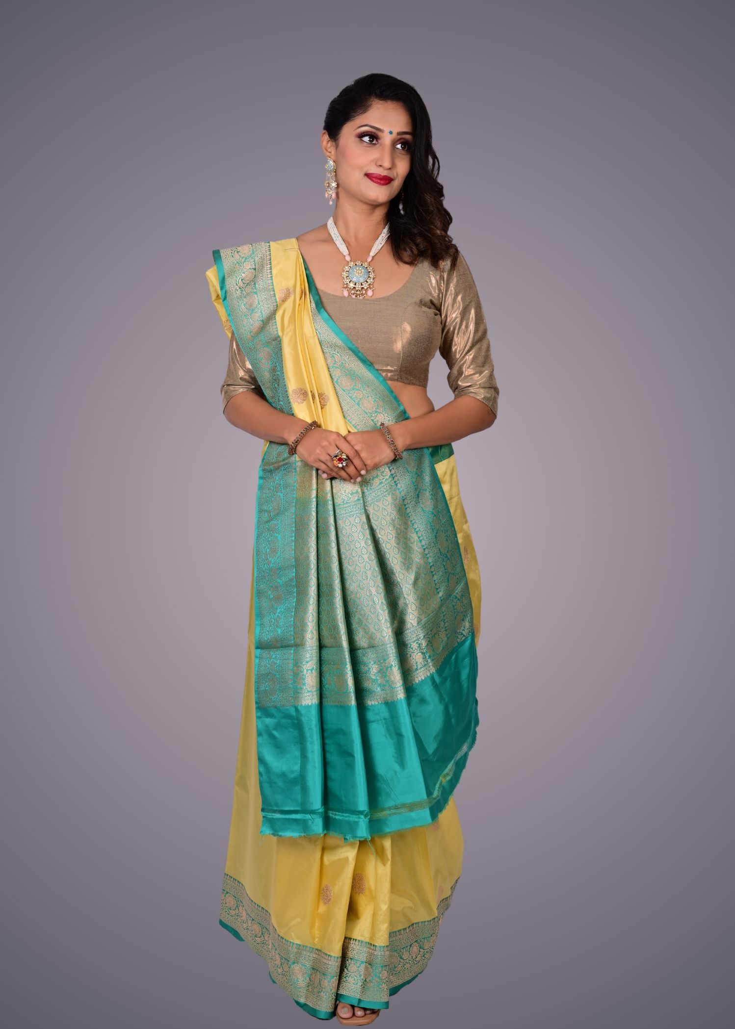 Yellow and Light Green with Gold Zari Kadhua Boota Katan Silk Saree