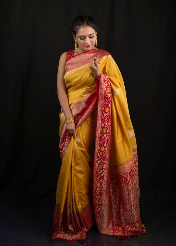 Yellow & Red Pure Katan Silk Handloom Banarasi Saree