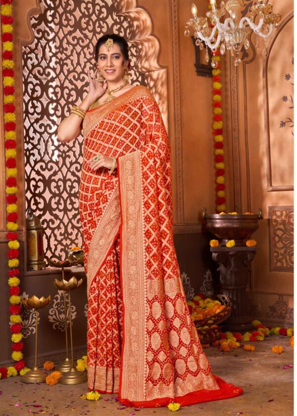 Pure Khaddi Georgette Banarasi Ghatchola Orange & Red Saree