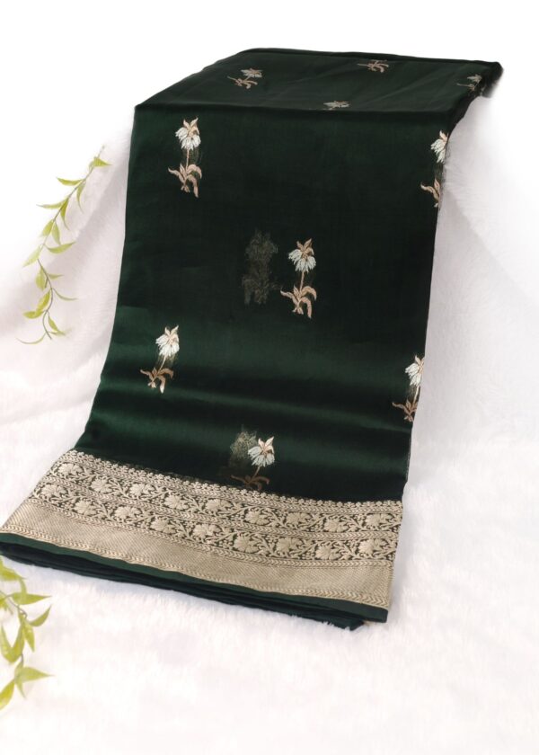 Pure Kora Silk Dark Green resham Meena gold zari saree
