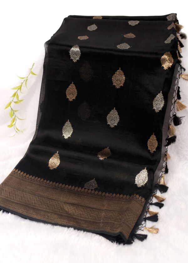 Pure Kora Silk Carbon Black Gold Zari Border Gold Silver Boota saree