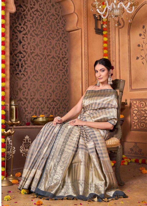 Pure Kora Contemporary Grey & Mud Brown Masterpiece Saree