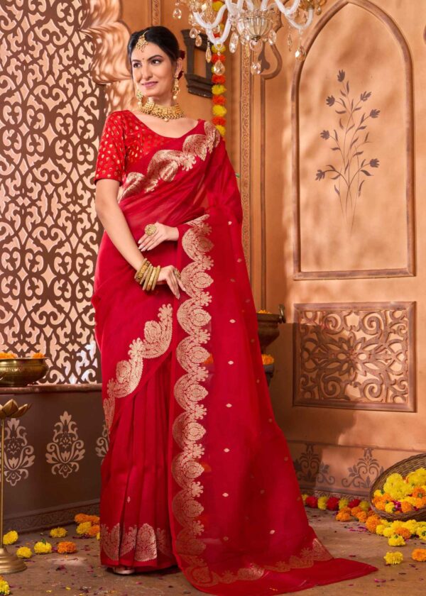 Pure Kora Silk Carmine Red Banarasi Saree