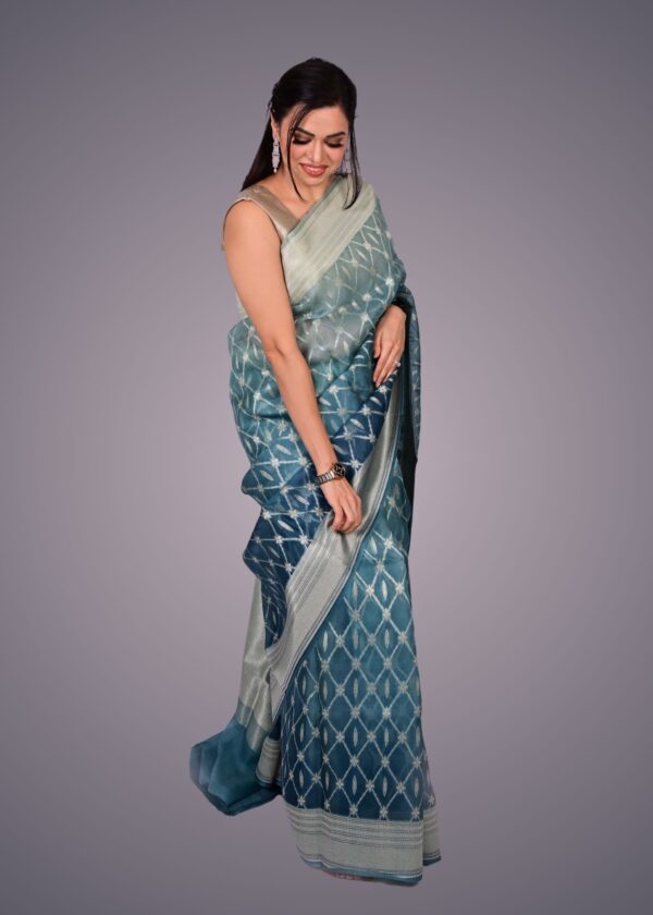 Teal Blue with Sona Rupe Zari Kora Silk Saree
