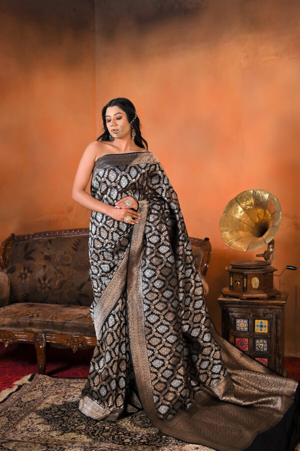 Pure Katan Silk Black Saree with Dull Gold Zari Jaal. Category - Katan Silk