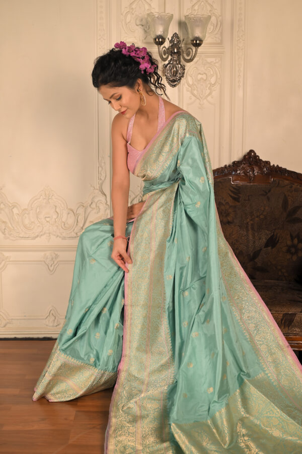 Pure Katan Silk Powder Blue Banarasi Saree , Category- Katan Silk