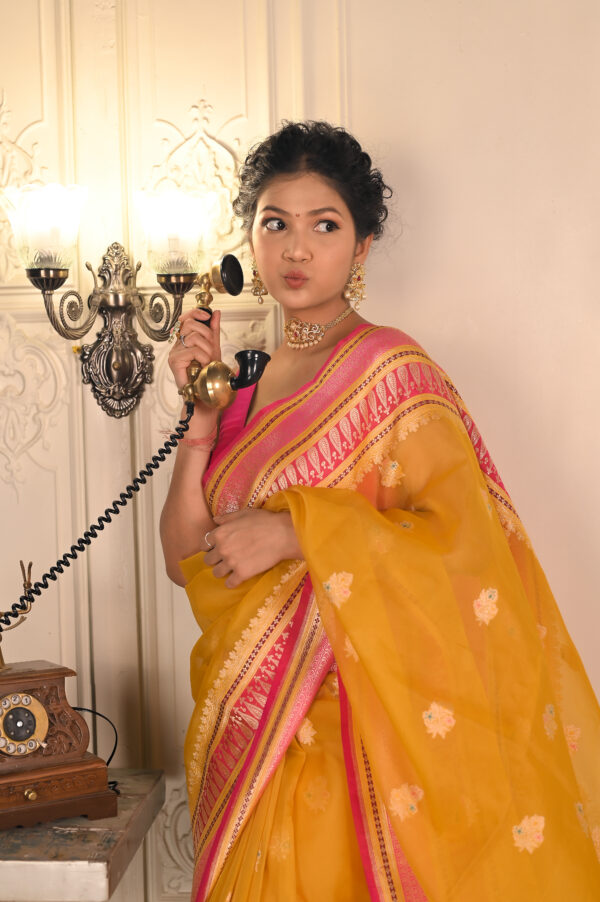 Pure Kora Masterpiece in Yellow & Hot Pink. Category- Kora Silk