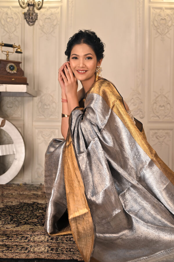 Stunning Black & Gold Tissue Brocade Saree. Category-Tissue silk