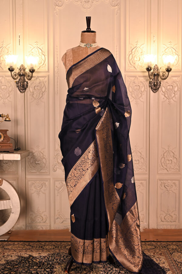 Pure Kora Silk Navy Blue Banarasi saree Category- Kora Silk
