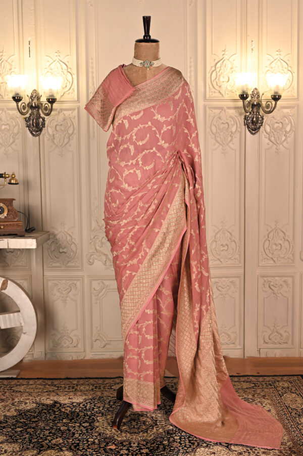 Pure Khaddi Georgette British Rose Colour, Water Zari, Jaal Saree. Category- Khaddi Georgette