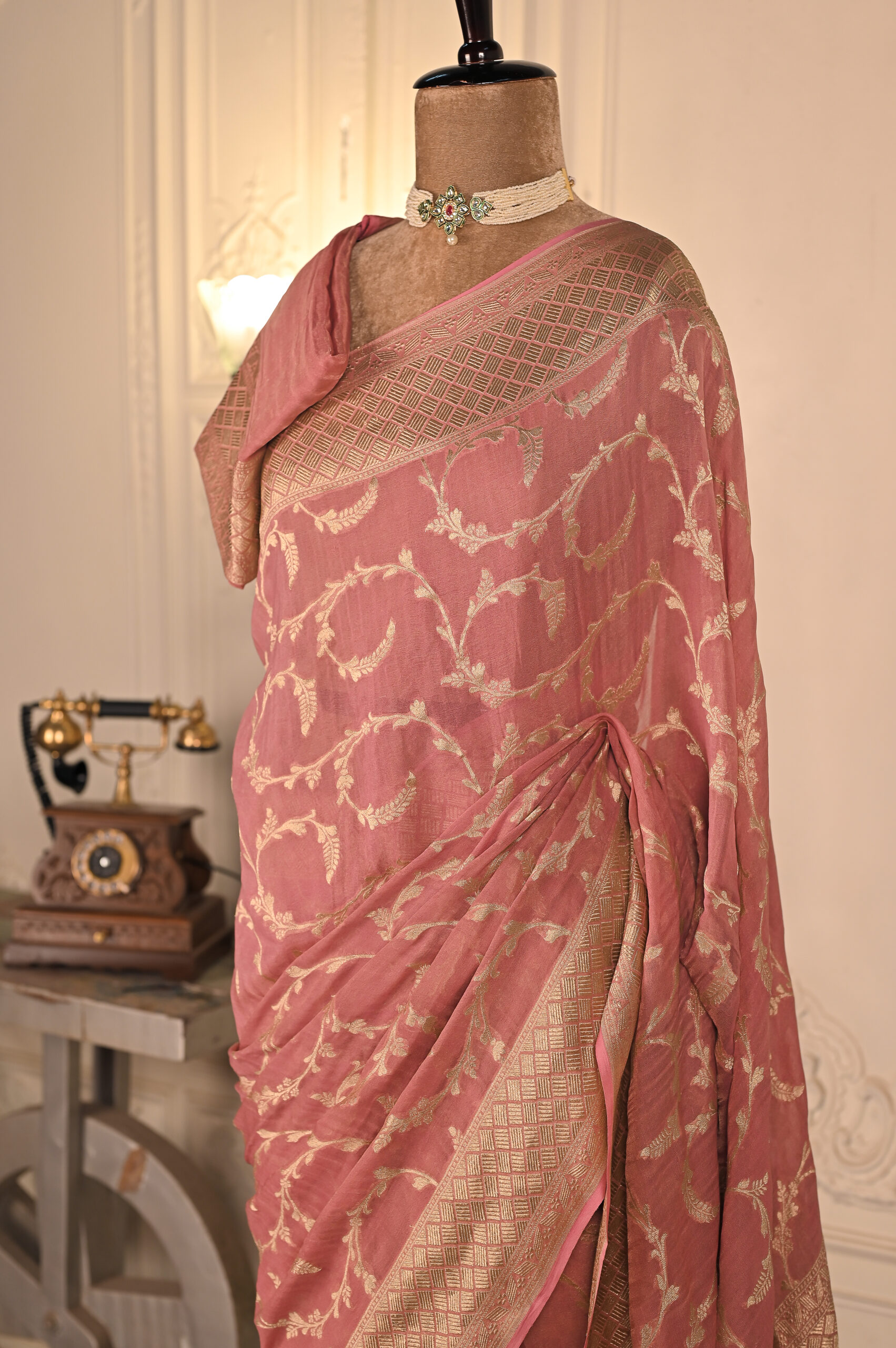 Pure Khaddi Georgette British Rose Colour, Water Zari, Jaal Saree. Category- Khaddi Georgette - Image 2