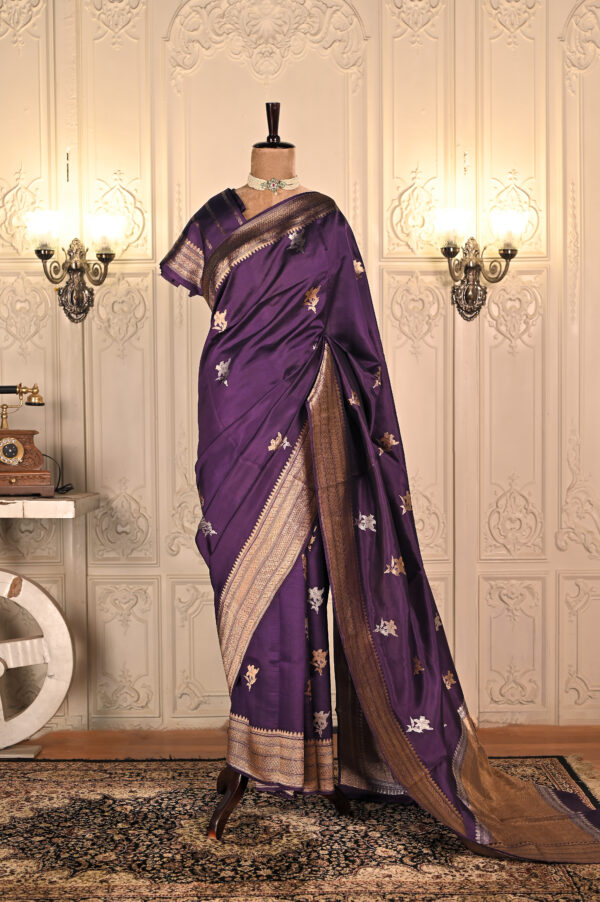 Pure Mulberry Silk Purple Kadhua Buta with Geometrical Border Saree. Category- Mulberry Silk