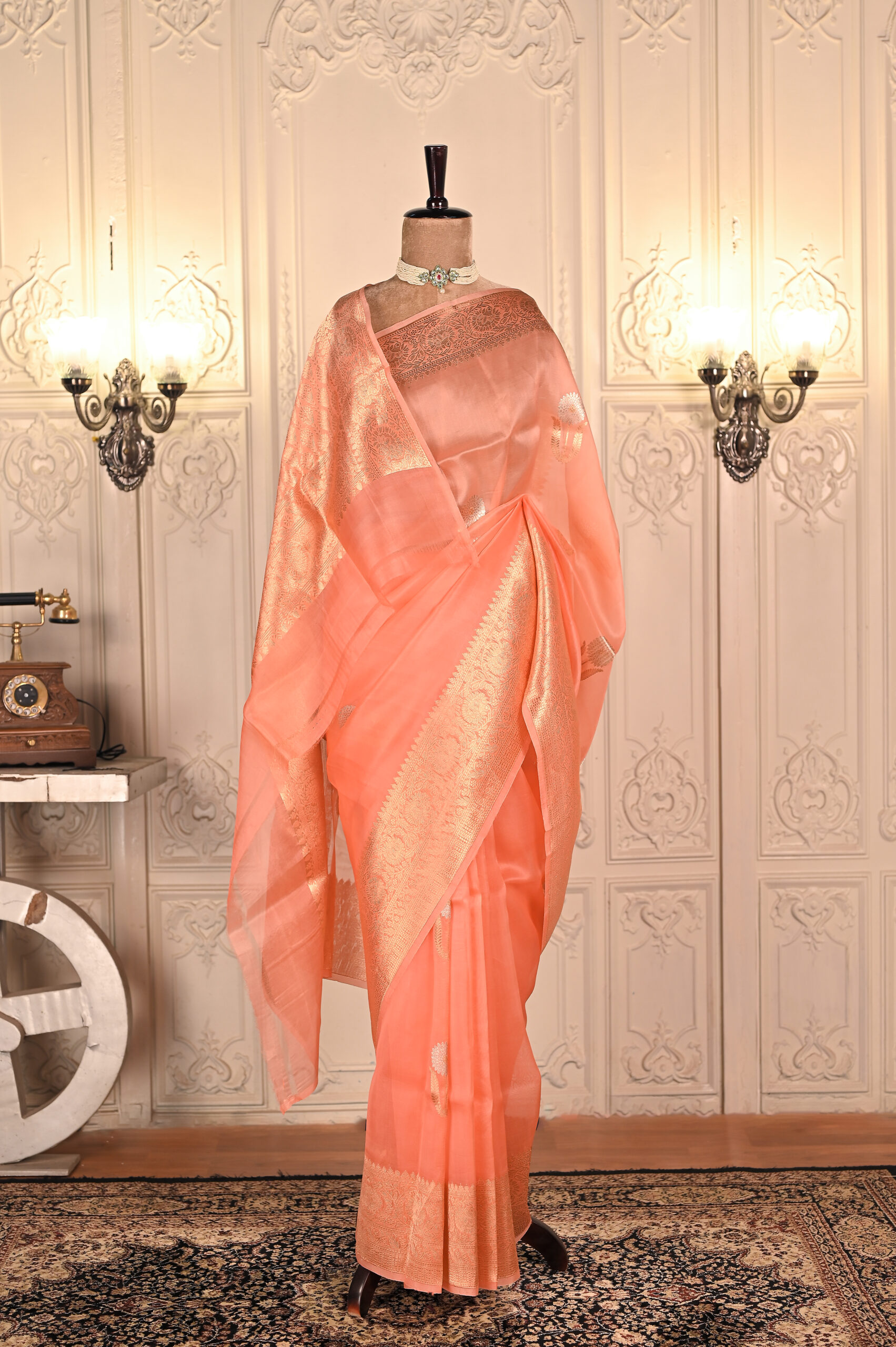 Pure Kora Silk Peach Kadhua Buta Border Saree. Category- Kora silk
