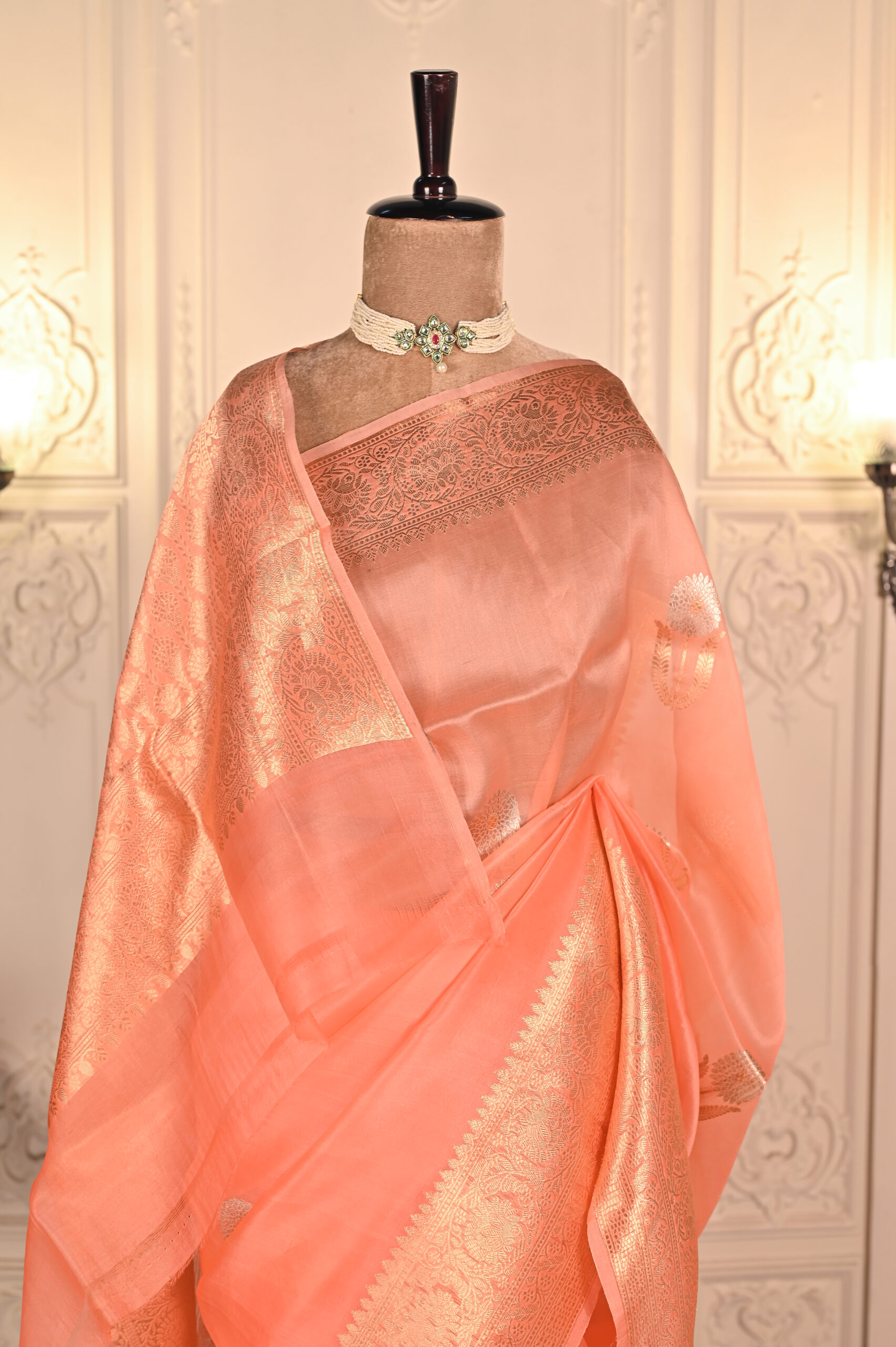 Pure Kora Silk Peach Kadhua Buta Border Saree. Category- Kora silk - Image 3