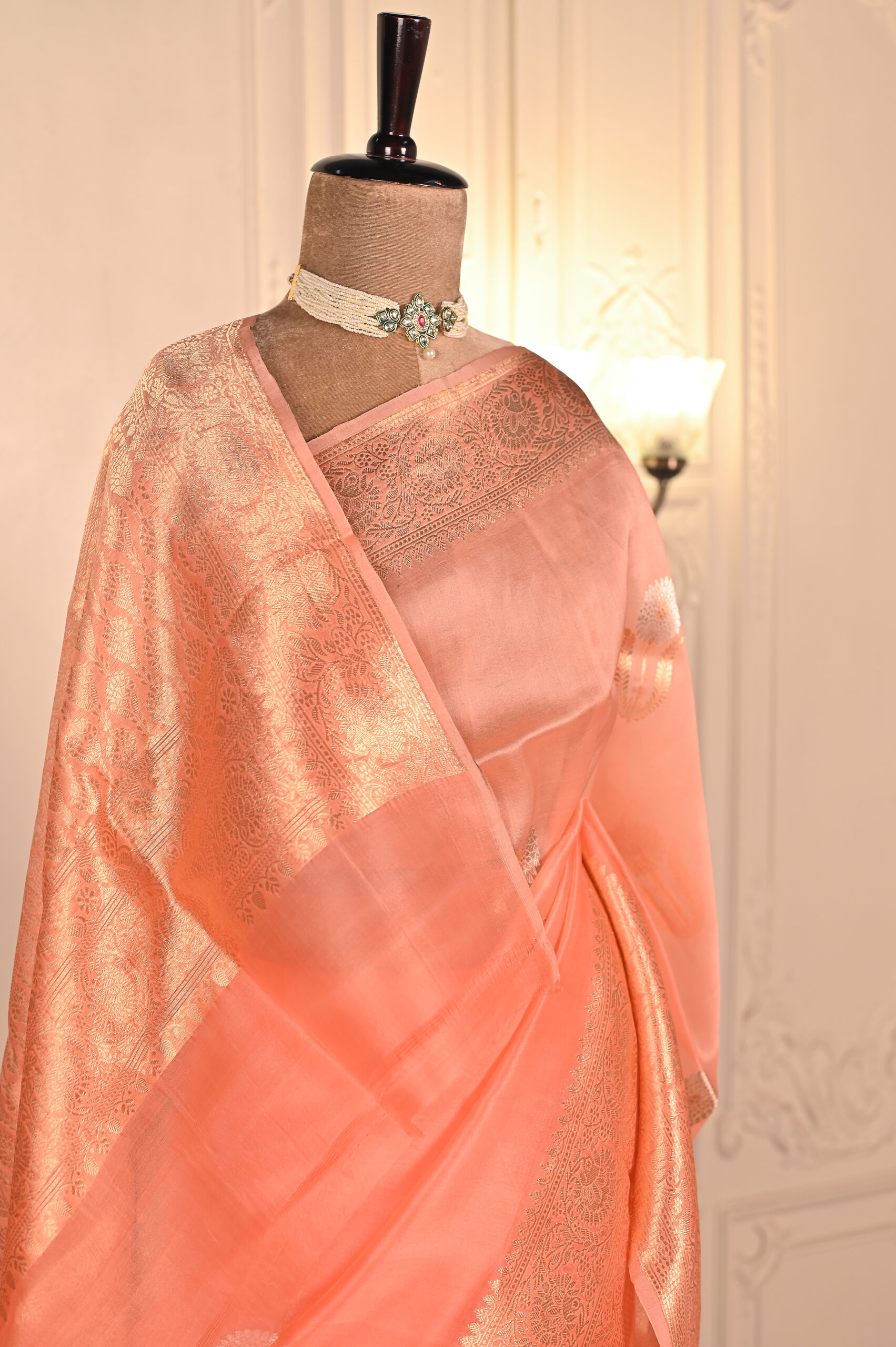 Pure Kora Silk Peach Kadhua Buta Border Saree. Category- Kora silk - Image 2