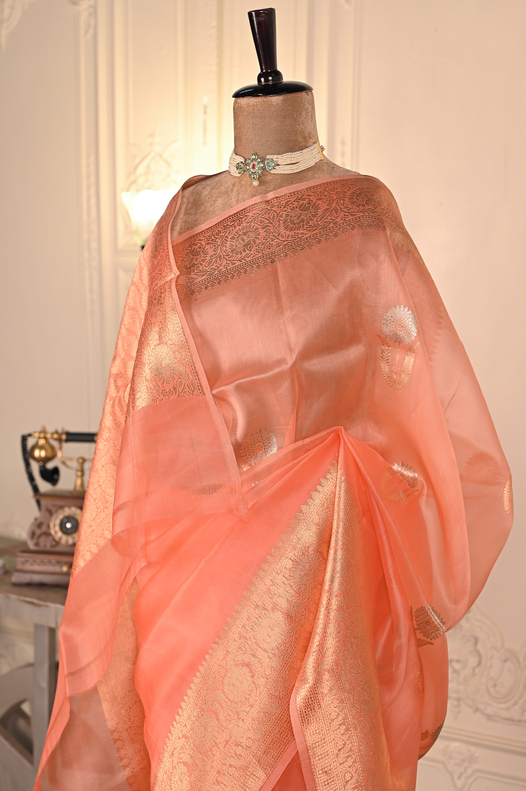 Pure Kora Silk Peach Kadhua Buta Border Saree. Category- Kora silk - Image 4