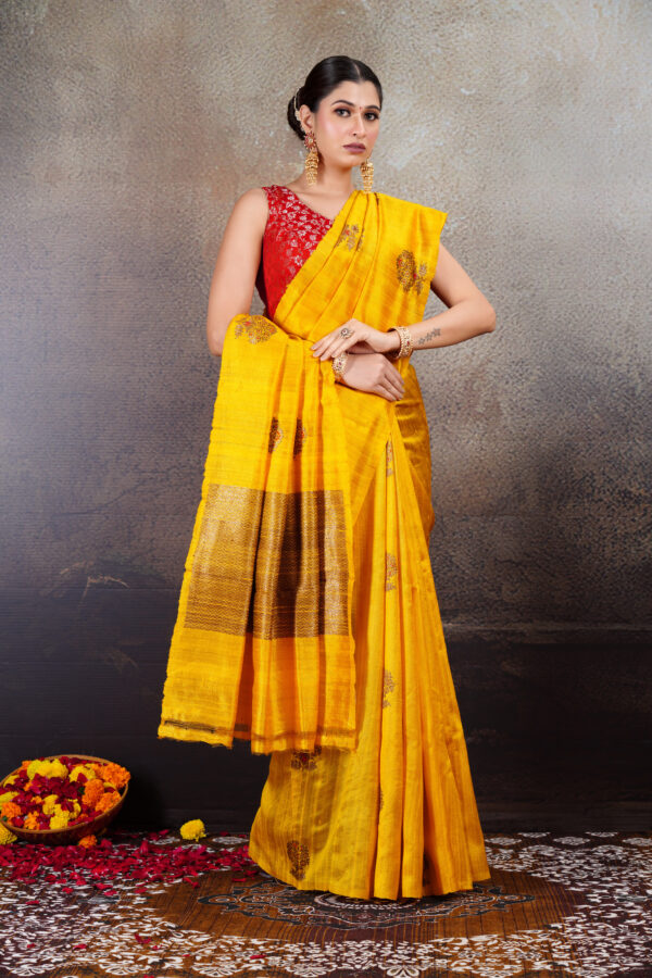Pure Geecha Silk Haldi Yellow Saree with Red Meena & Antique Zari Kadhua Buta