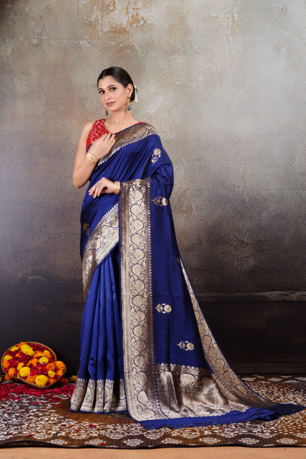 Pure Pure  Silk Navy Blue Banarasi Saree with Gold Zari Kadhua Work