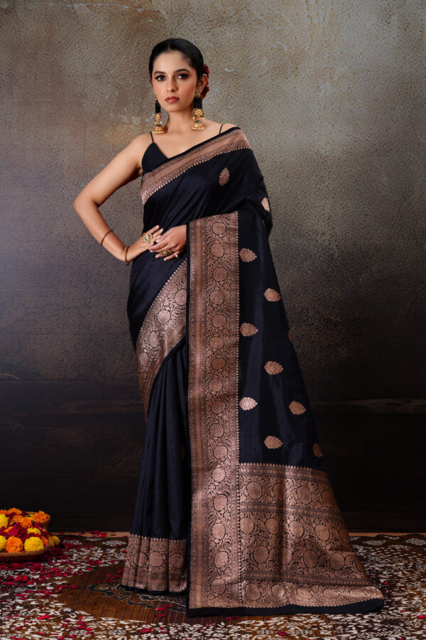 Pure Handloom Upada Silk Black Banarasi Saree with Copper Zari