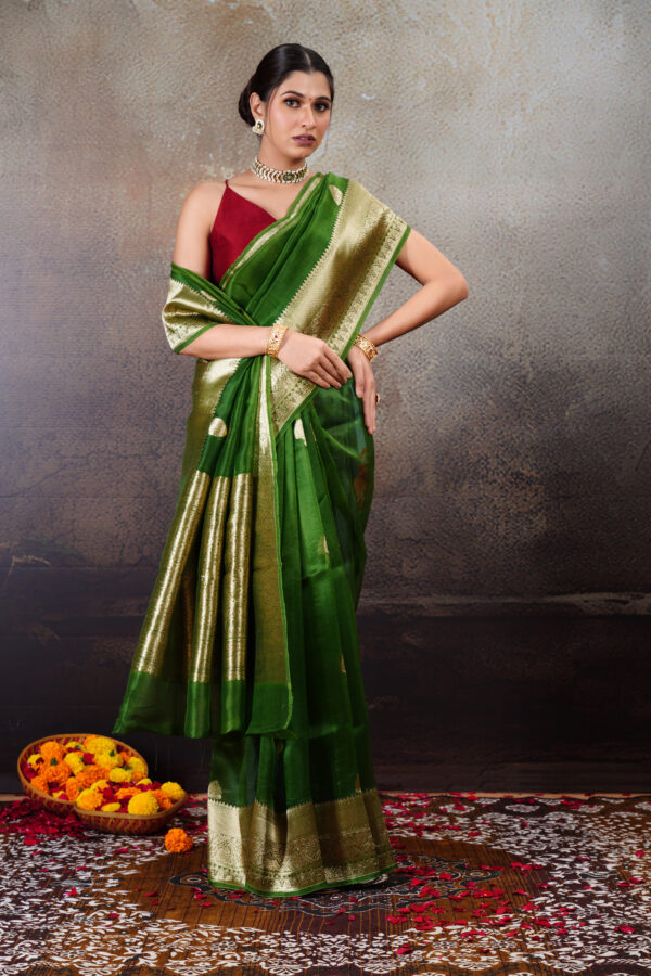 Pure Kora Silk Green with Gold Zari Kadhua Weave