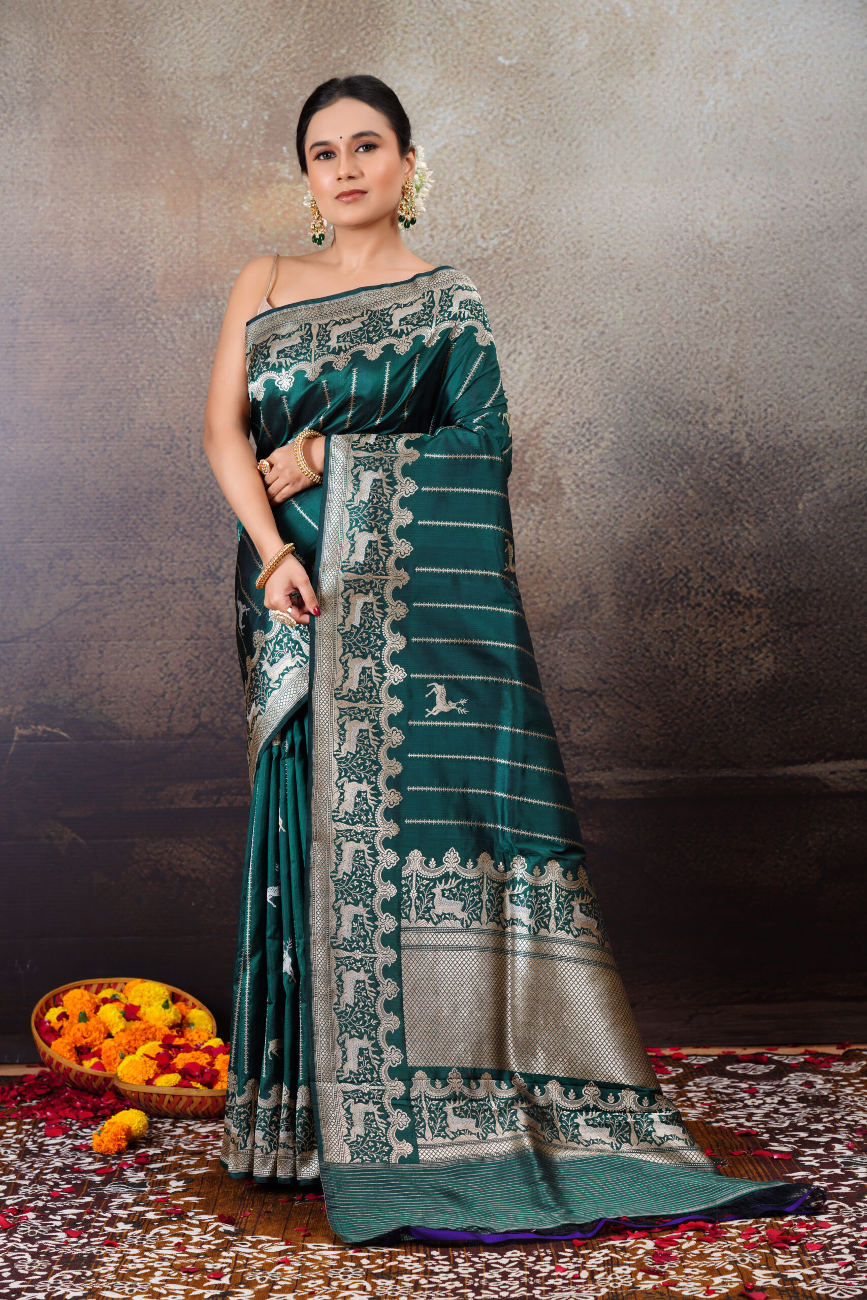 “Swarn Hiran” Pure Handloom Katan Silk Dark Green Shikargah - Image 3