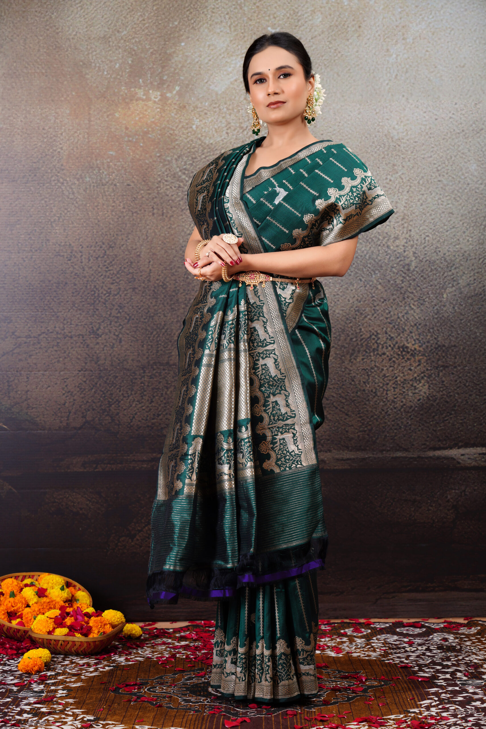 “Swarn Hiran” Pure Handloom Katan Silk Dark Green Shikargah - Image 2