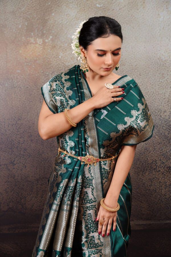 “Swarn Hiran” Pure Handloom Katan Silk Dark Green Shikargah