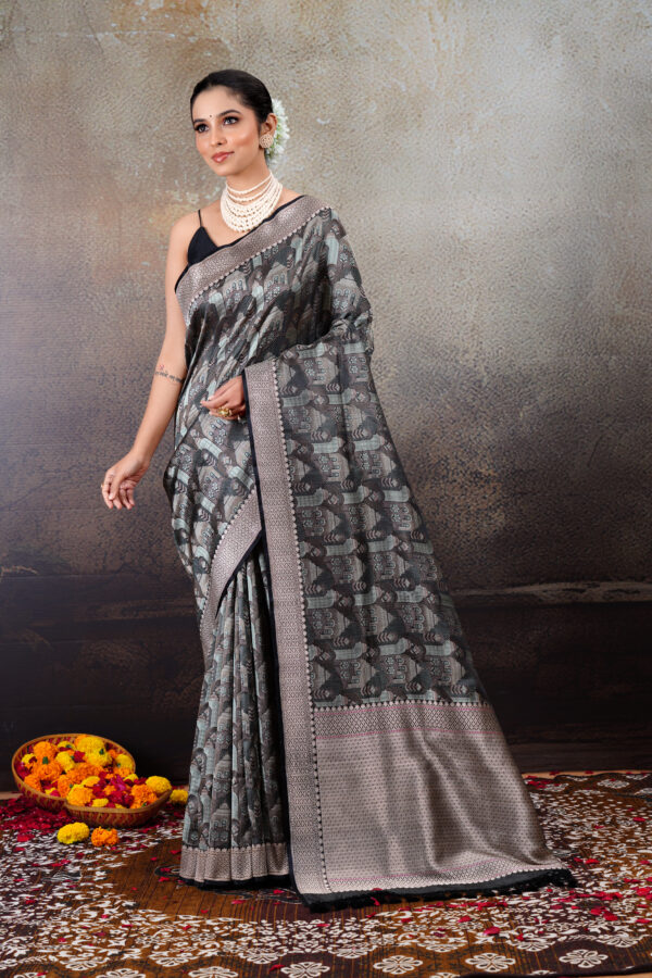 Pure Katan Silk Banarasi Saree in Black with Pastel Green & Dull Gold, Tanchoi Weave