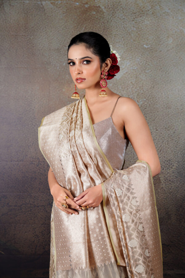 Handloom Pure Kora Tissue Gold Banarasi Saree with Off-White Meena Jaal