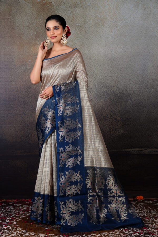 Pure Kora Tissue Silk Kota Weave Saree in Light Grey with Dark Navy Blue